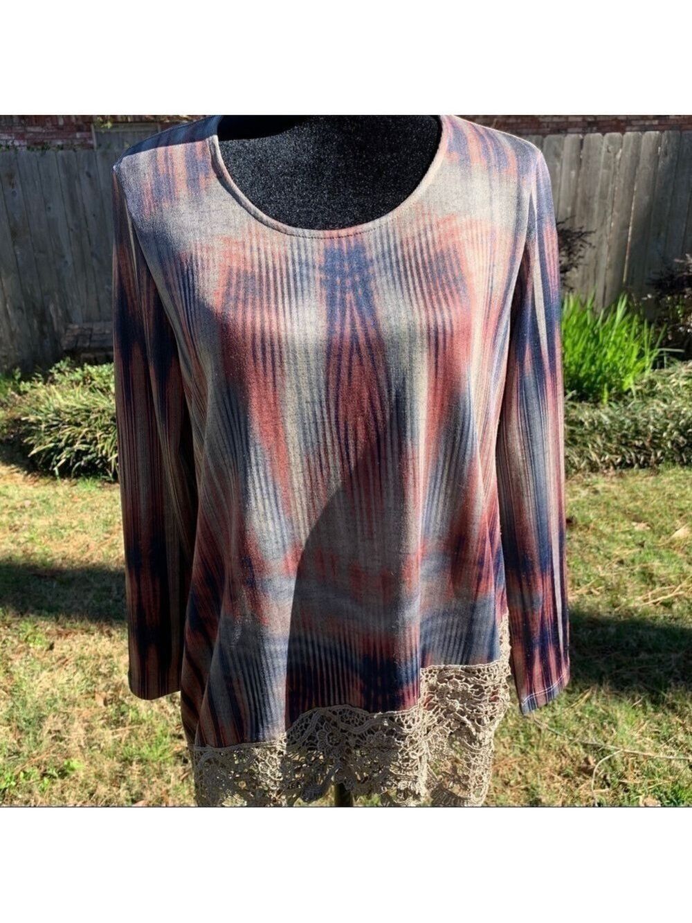 ONE WORLD crochet trim tie dye print long sleeved top boho autumn striped